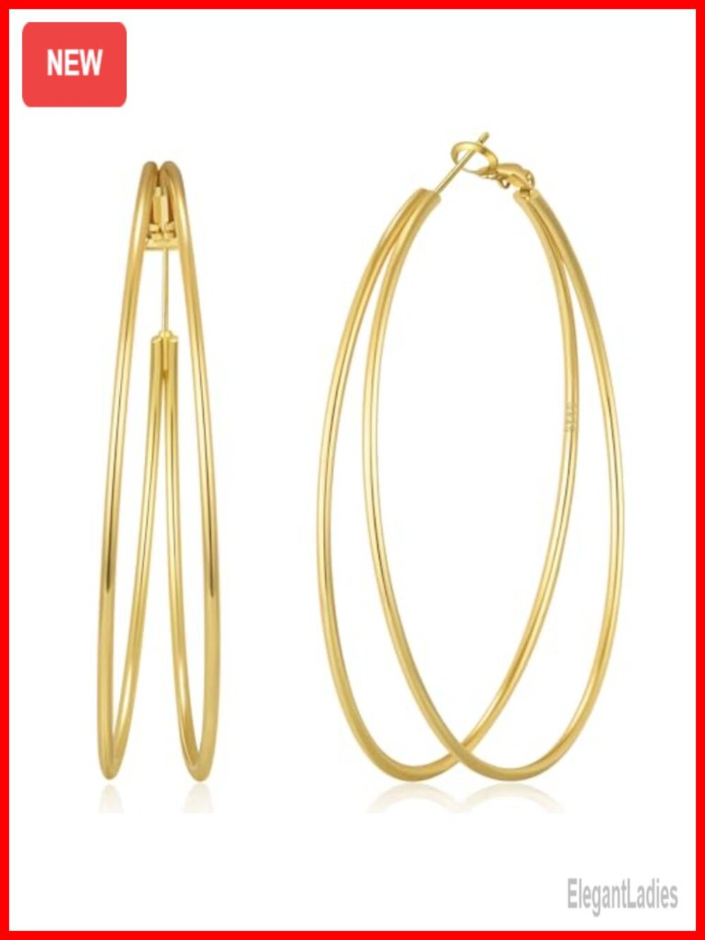 Large Thin Double Hoop Earrings 14K Gold Plated Hypoallergenic Clip On